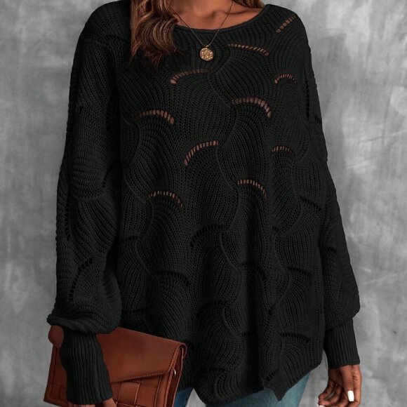 Black Women's Casual Hollow Out Batwing Sleeve Sweater - Picture 1 of 7